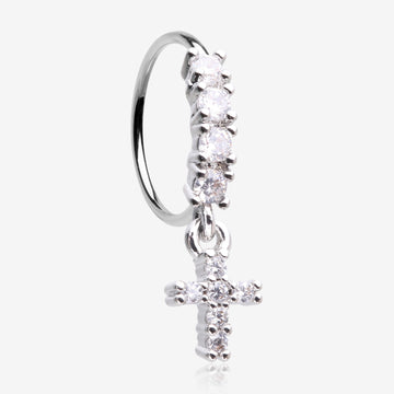 Brilliant Cross Sparkle Dangle Multi-Gem Lined Bendable Hoop Ring-Clear Gem